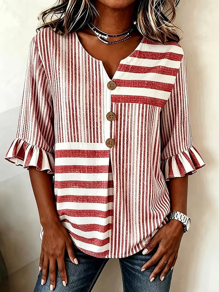 Avyra – Gestreiftes Patchwork-Oberteil mit Rüschenärmeln und Knöpfen