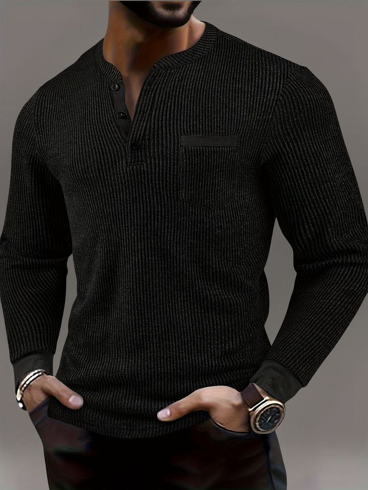 Deegan - Textured Striped Collar Long Sleeve Henley Shirt