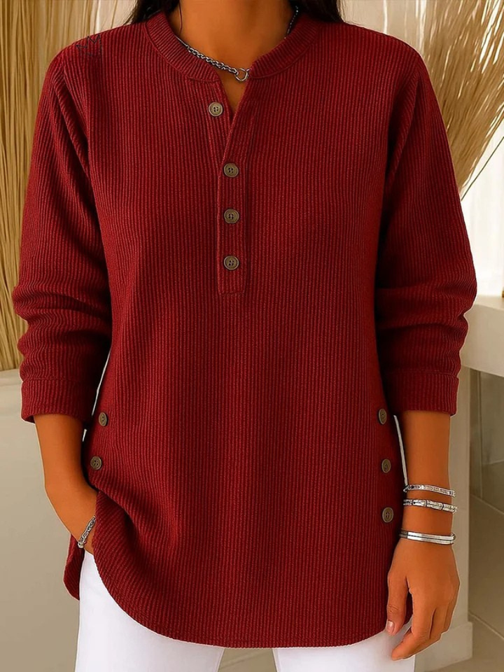 Eshani - Lässiges Geripptes Langarm Henley Oberteil Mit Knopfleiste