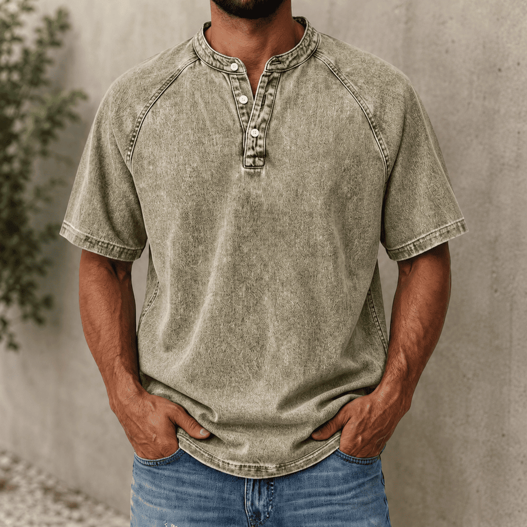 Zerric – Henley-Hemd Aus Denim mit halben Ärmeln