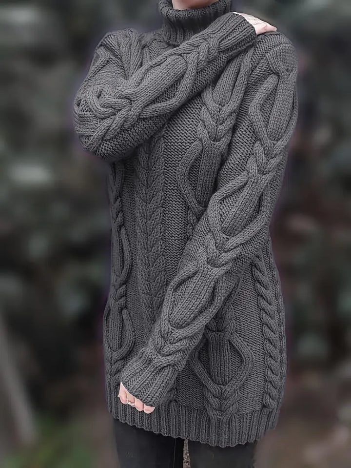 Narda - Klobig Kabel Gestrickt Rollkragen Kleid