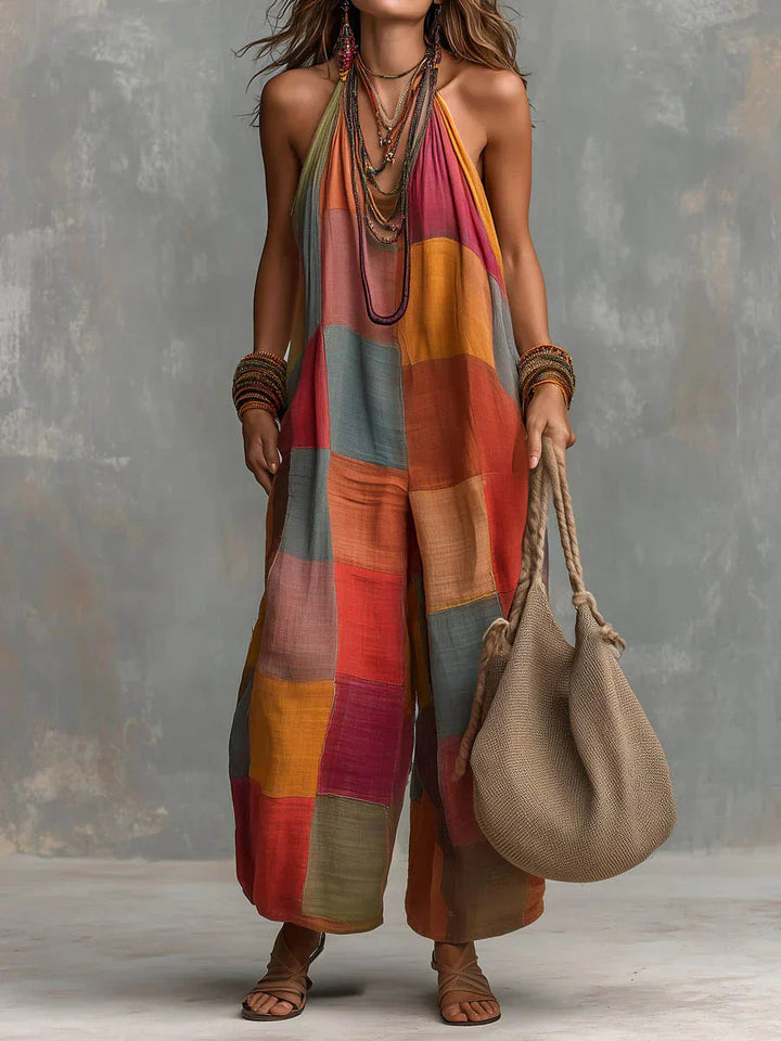 Meriny - Patchwork-Jumpsuit Mit Neckholder und Weitem Bein