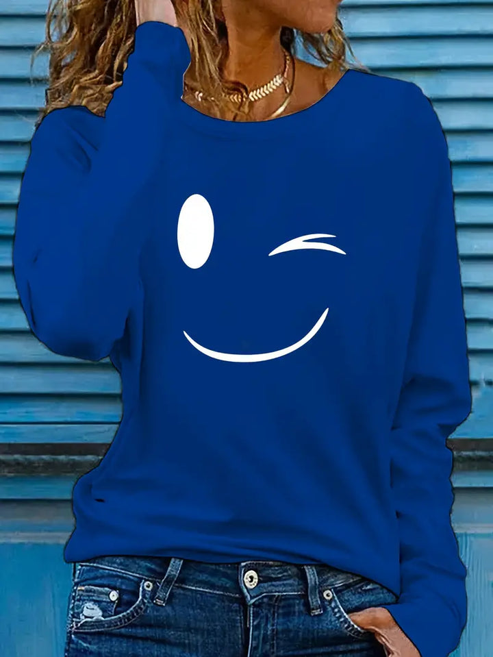 Odalina - Lässiges T-Hemd Mit Smiley Zwinkern Aufdruck