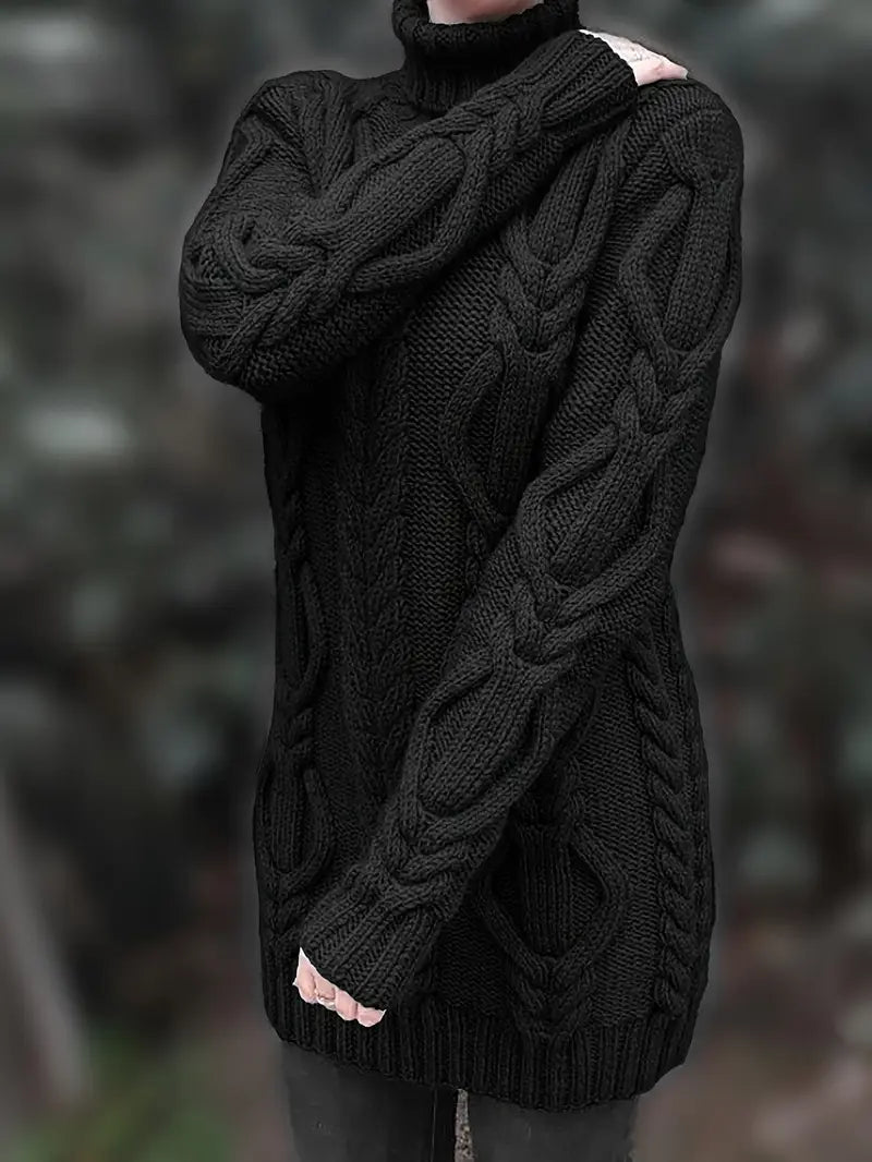 Narda - Klobig Kabel Gestrickt Rollkragen Kleid