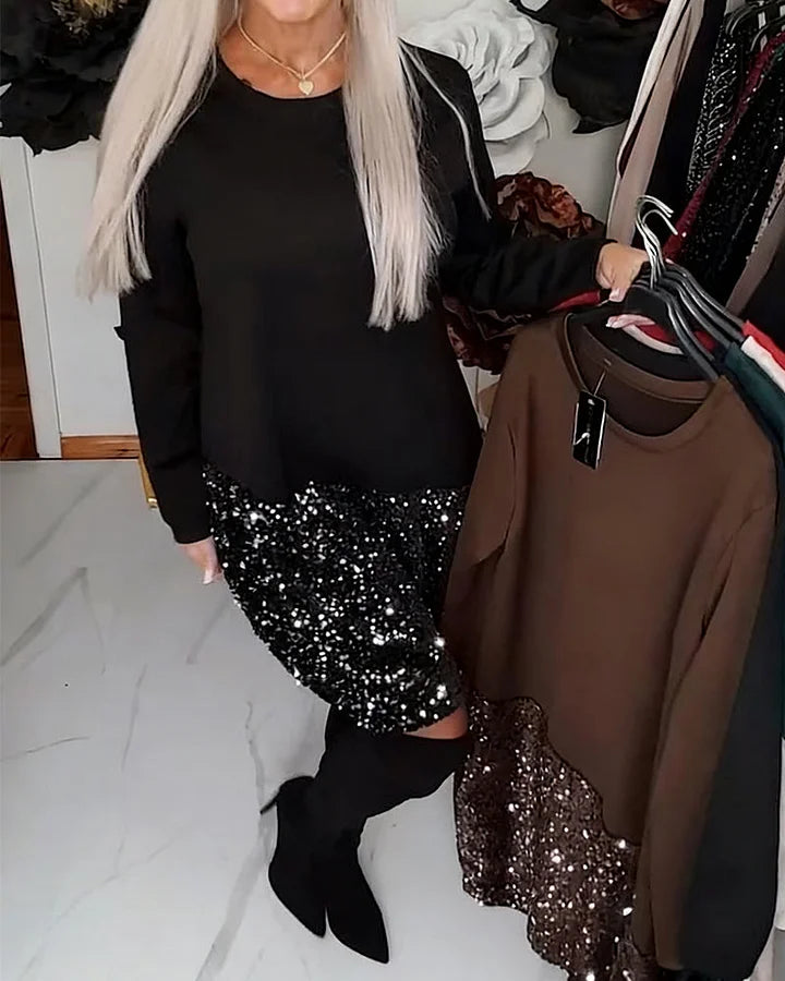 Ksenija – Patchwork Kleid Mit Rundhalsausschnitt Und Pailletten
