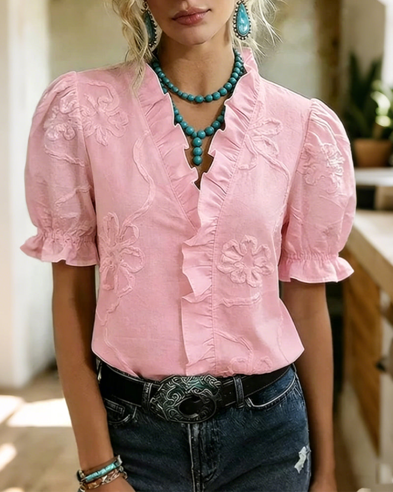 Lillynn - Bluse Mit V-Ausschnitt Rüschenbesatz Und Puffärmeln