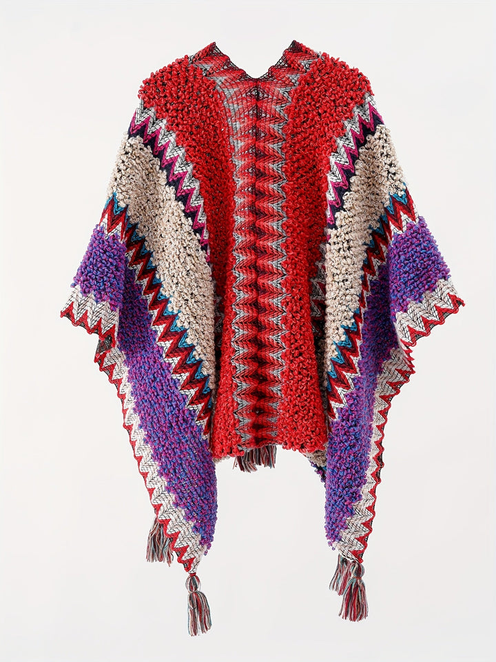 Briana - Tassel Striped Blanket Cape Travel Jacket