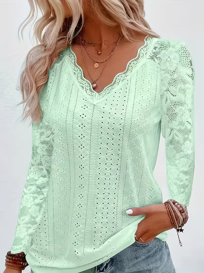 Shaleva - Stylisches Langarm Shirt Mit Spitzen V-Ausschnitt