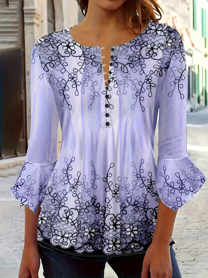 Mesley – Bluse Med Halvlange Ærmer, Blomsterprint Og Flæsekant