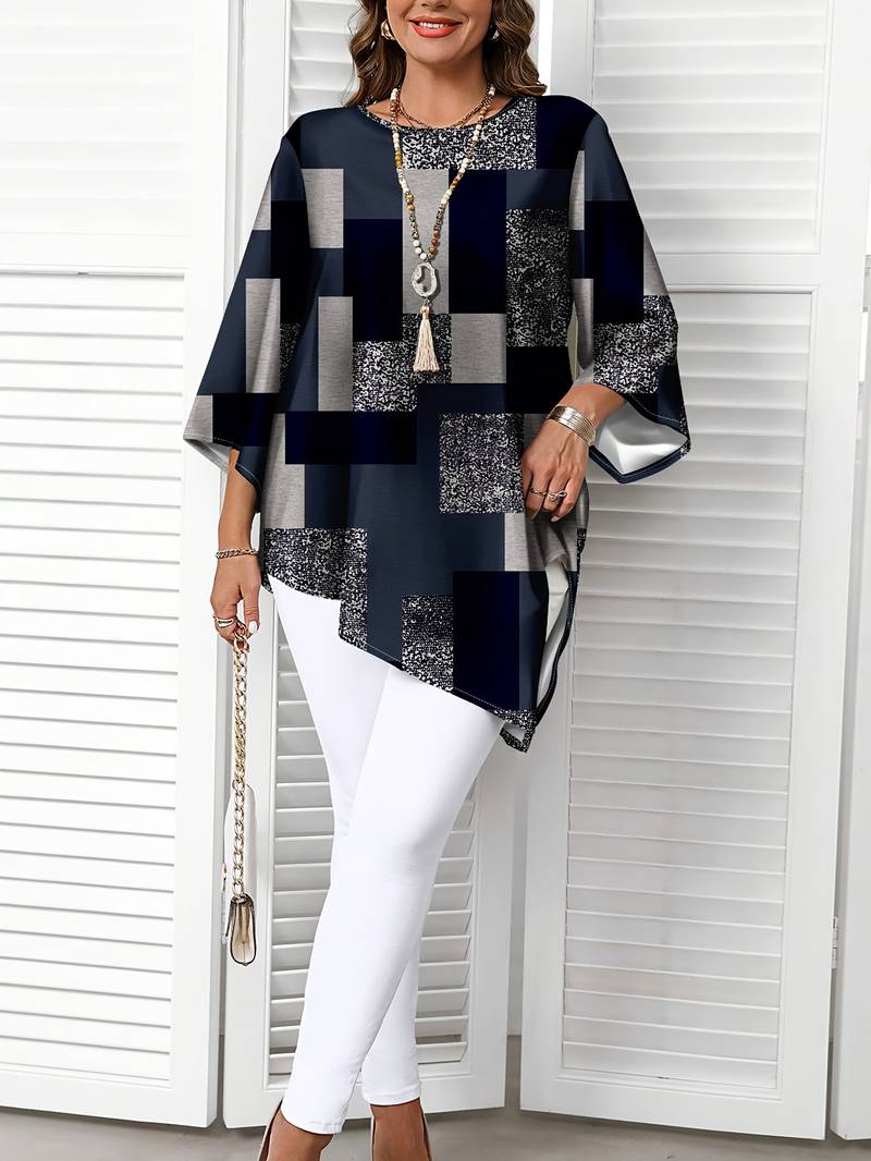 Nurit - Karierte Oversize Bluse Mit Kurzarm Und Drucken