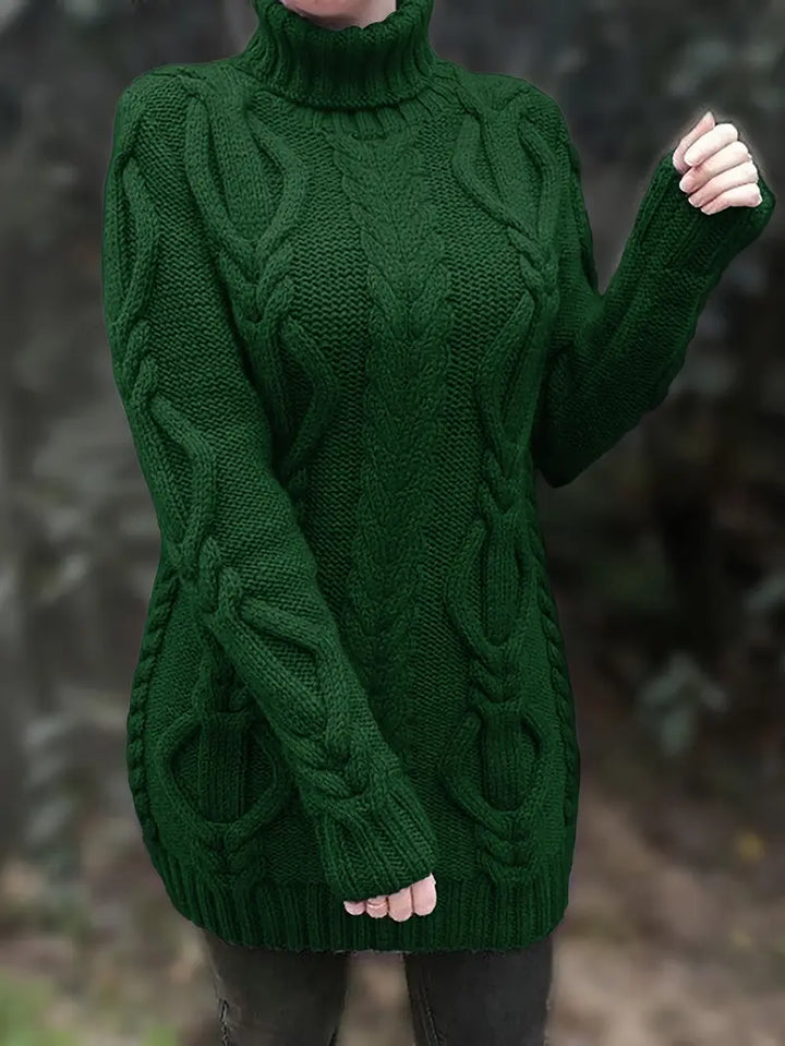 Narda - Klobig Kabel Gestrickt Rollkragen Kleid