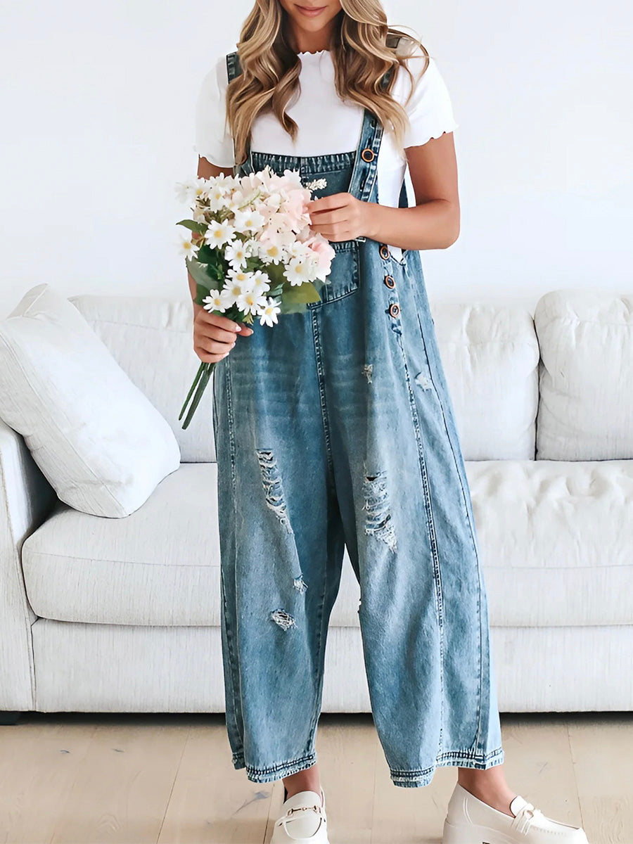 Clarice - Lose Passform Distressed Denim Latzhose