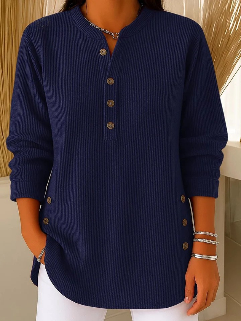 Eshani - Lässiges Geripptes Langarm Henley Oberteil Mit Knopfleiste