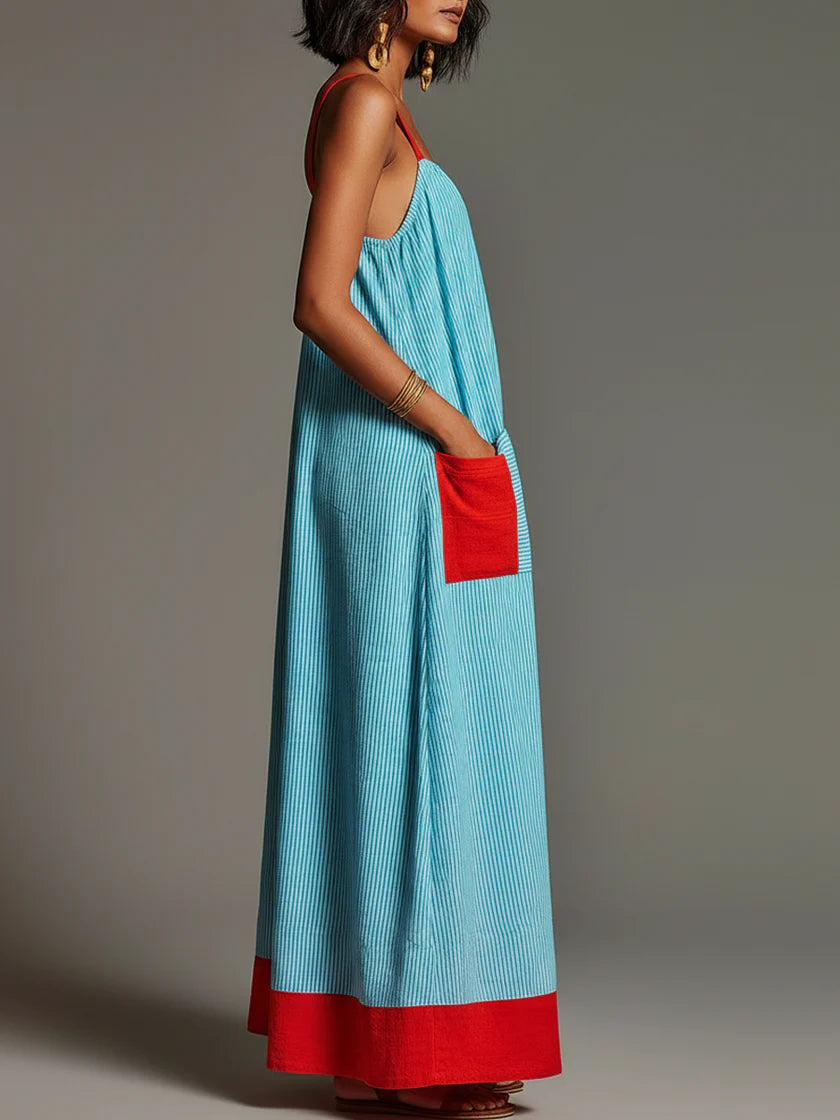 Sallina – Gestreiftes Maxi Kleid Mit Roten Akzenten