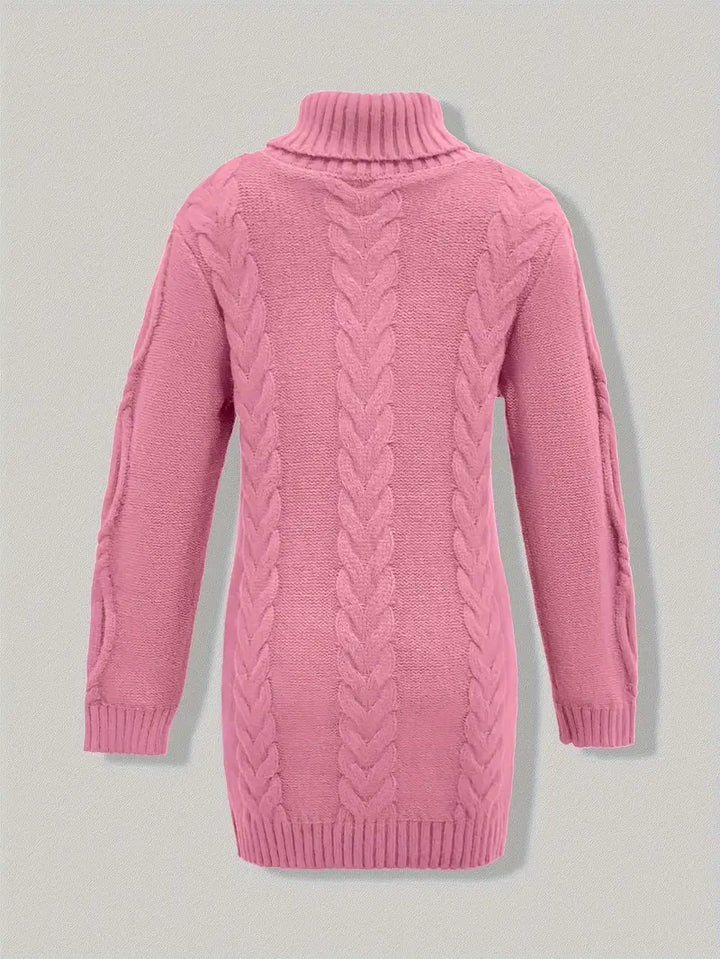 Narda - Klobig Kabel Gestrickt Rollkragen Kleid