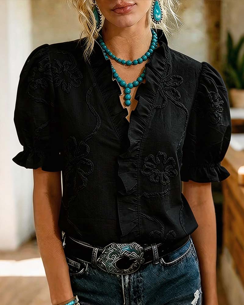 Lillynn - Bluse Mit V-Ausschnitt Rüschenbesatz Und Puffärmeln