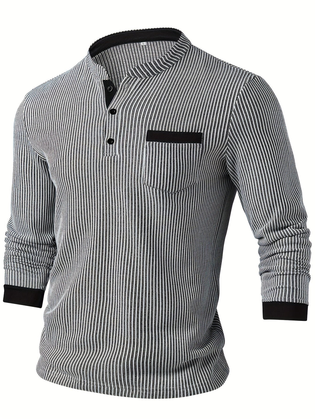 Deegan - Textured Striped Collar Long Sleeve Henley Shirt