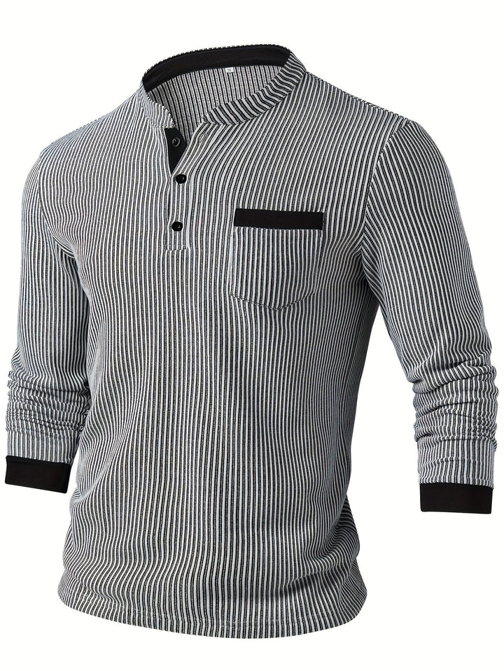 Deegan - Textured Striped Collar Long Sleeve Henley Shirt