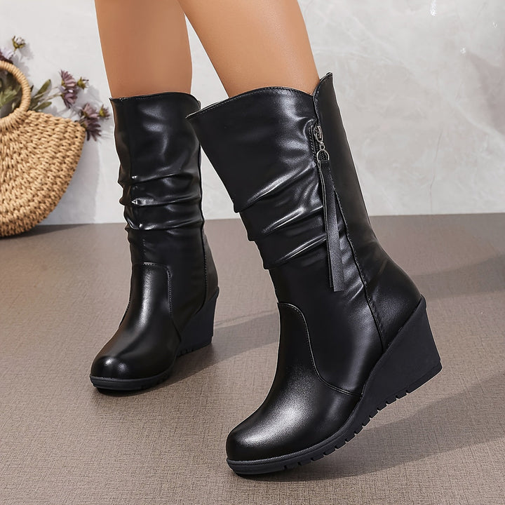 ladymia - Wadenhohe Stiefel Mit Dicker Sohle Absatz Und Rüschen