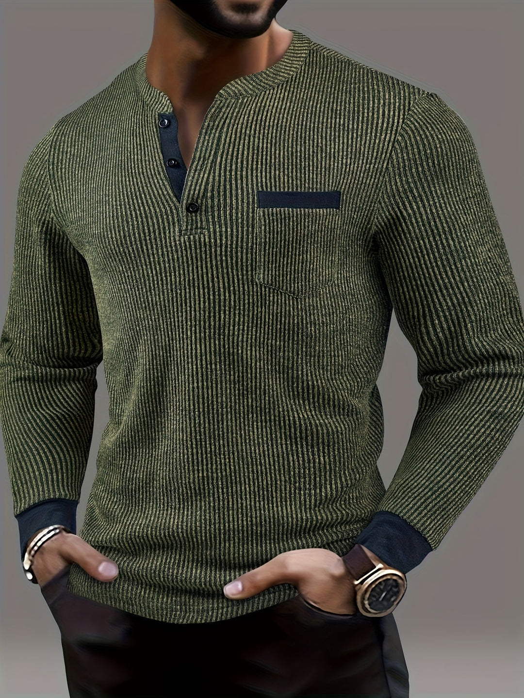 Deegan - Textured Striped Collar Long Sleeve Henley Shirt