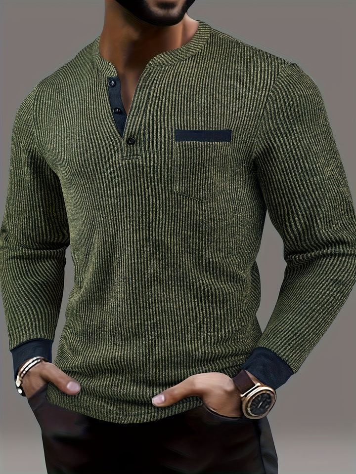 Deegan - Textured Striped Collar Long Sleeve Henley Shirt