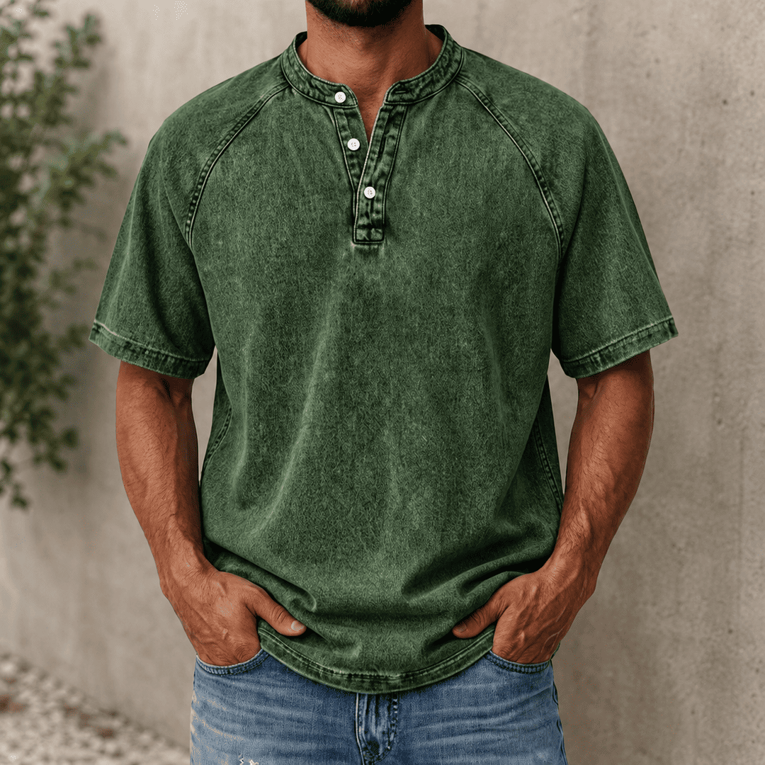 Zerric – Henley-Hemd Aus Denim mit halben Ärmeln