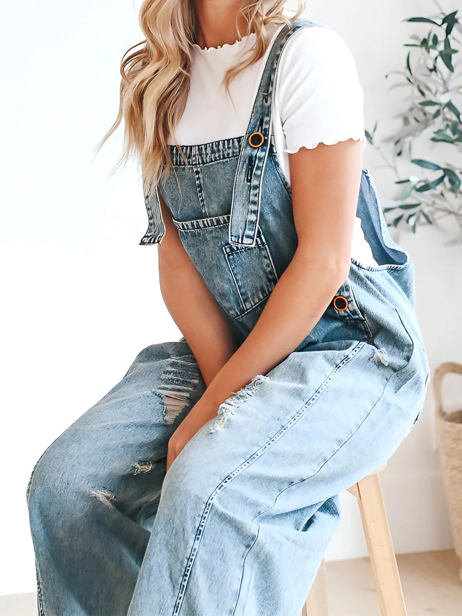 Clarice - Lose Passform Distressed Denim Latzhose