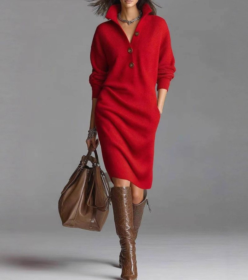 Toshiko – Elegantes Strickkleid Mit Langen Ärmeln