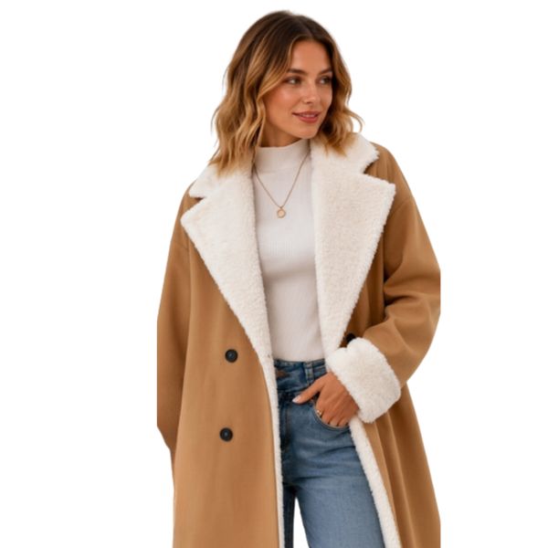 Lenkyna – Langer Mantel mit Fleece-Kragen und -Bündchen