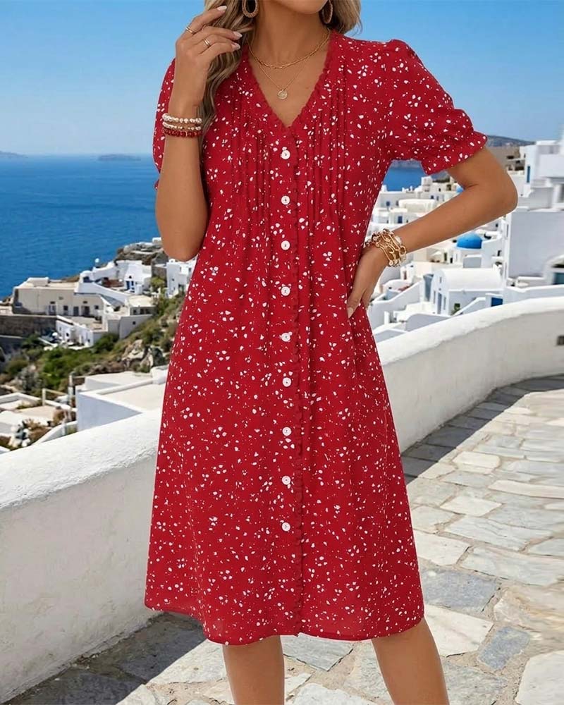 Dayma - Kleid Mit V-Ausschnit Blumenmuster Und Knopfleiste