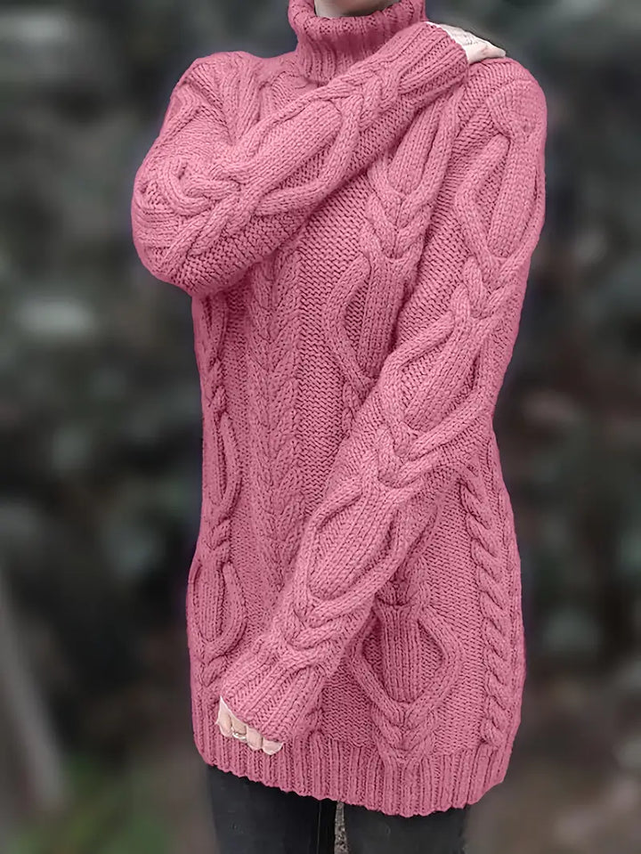Narda - Klobig Kabel Gestrickt Rollkragen Kleid