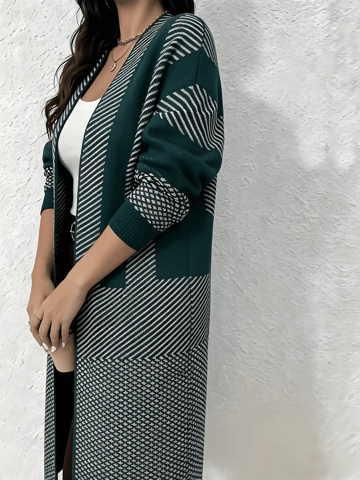 Zhamilya - Langer Geometrisch Gestrickter Strickjacke Mit Offener Vorderseite