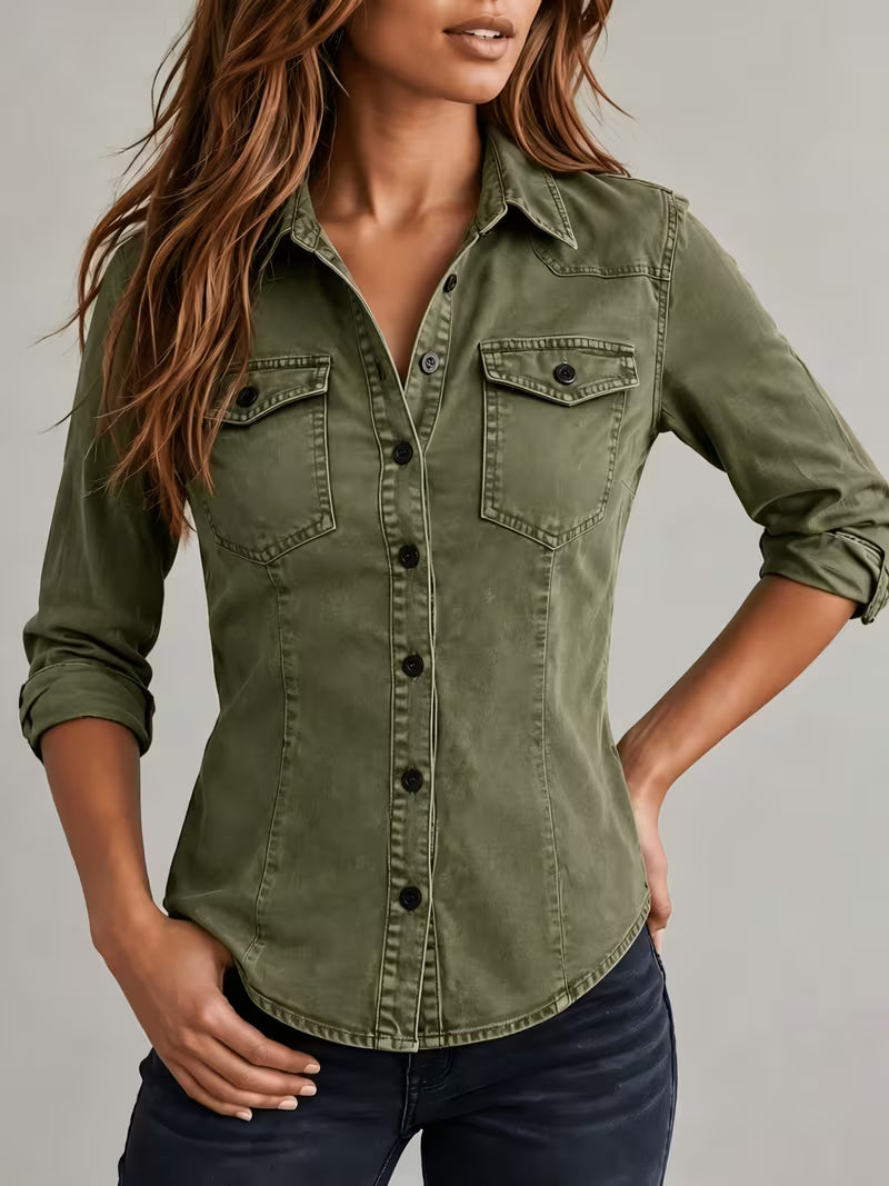 Rihana – Top Aus Vintage Denim mit Gerafftem Kragen