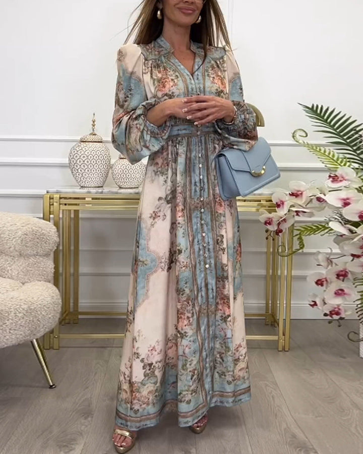 Kitana –  Knopfleiste und Blumendruck Langes Kleid