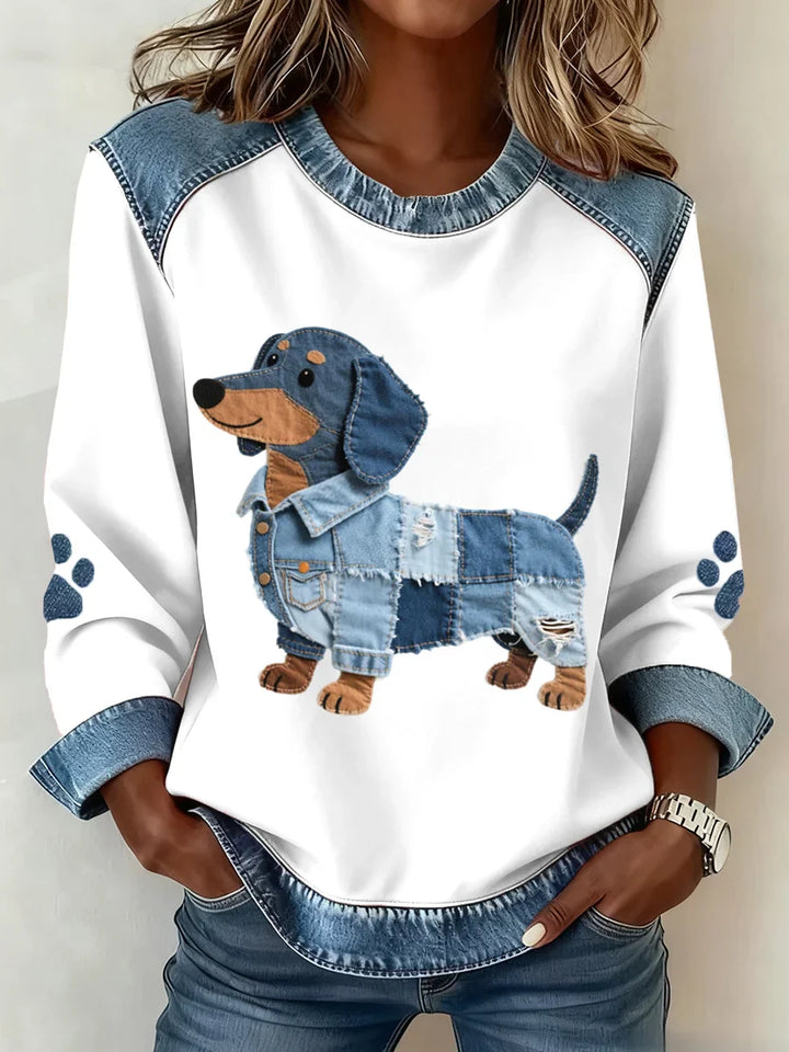 Lilah – Sweatshirt Mit Dackel Drucken Und Patchwork