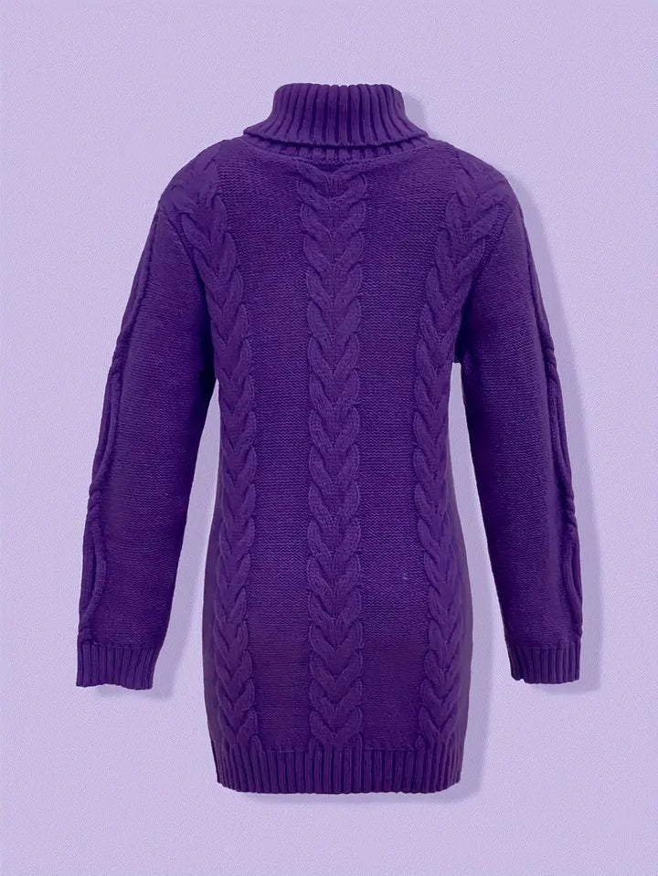 Narda - Klobig Kabel Gestrickt Rollkragen Kleid