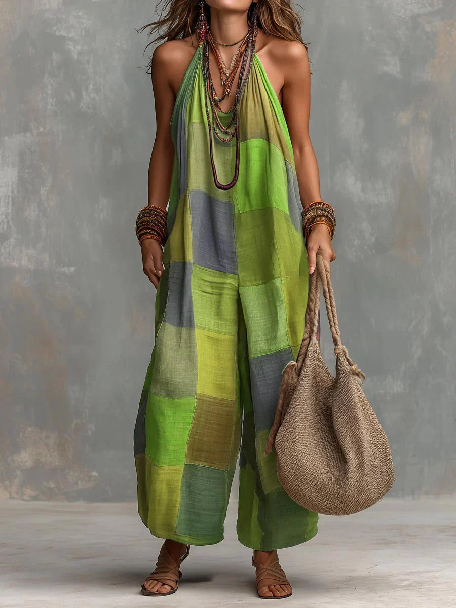 Meriny - Patchwork-Jumpsuit Mit Neckholder und Weitem Bein