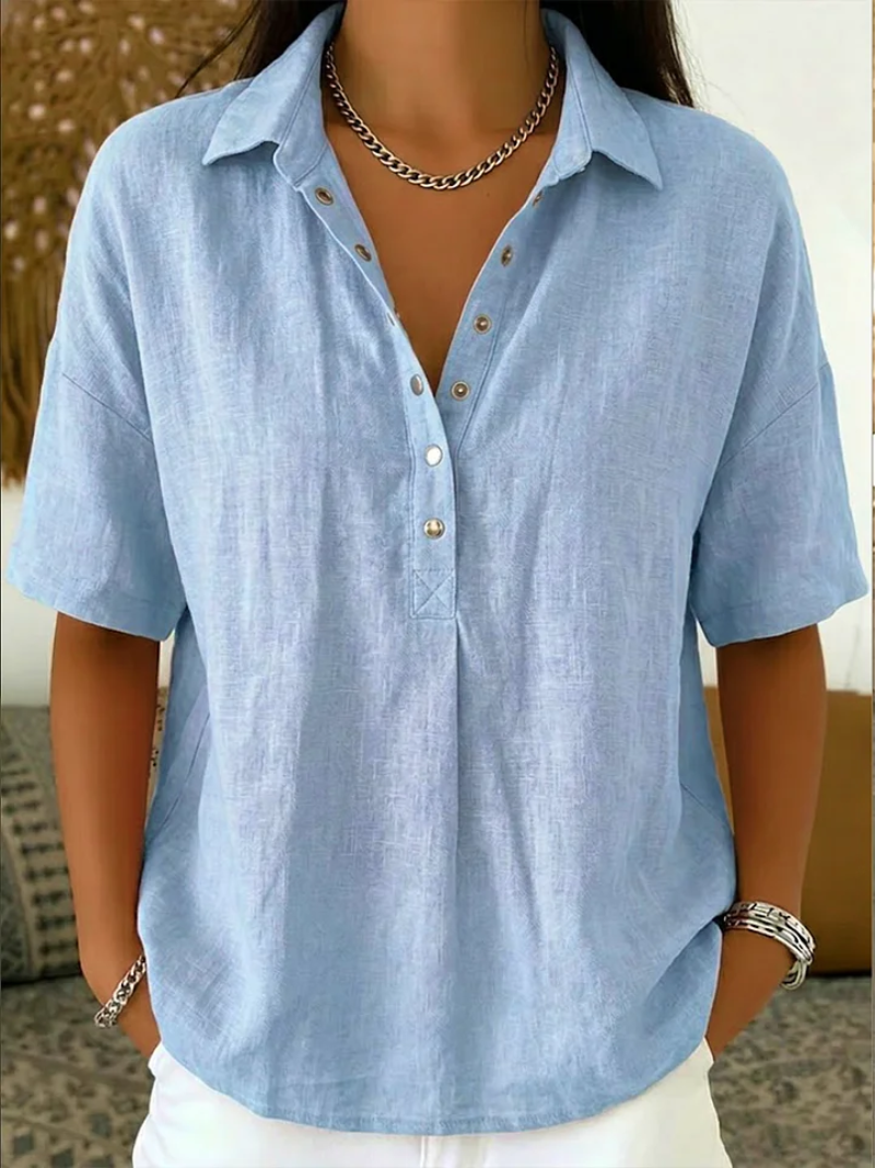 Anzhela - Elegante Kurzarm Bluse Mit Knopfleiste