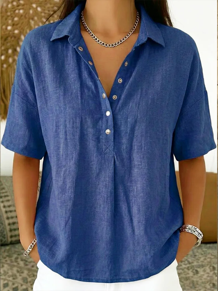 Anzhela - Elegante Kurzarm Bluse Mit Knopfleiste