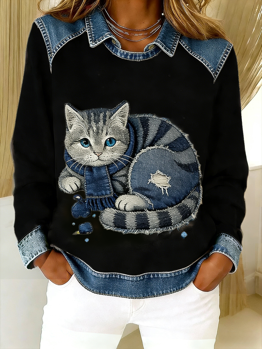 Eponin – Retro Katzen Jeansstoff Flickwerk Sweatshirt