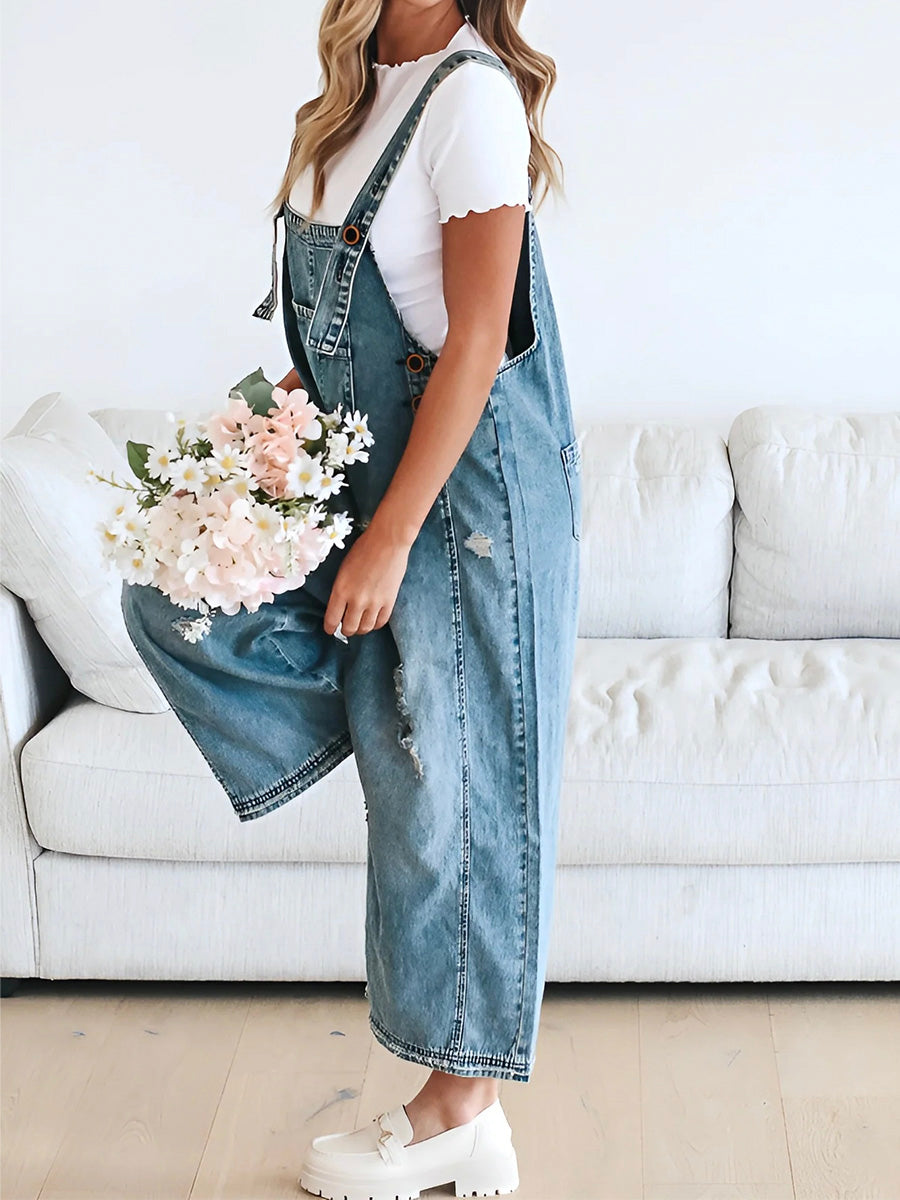 Clarice - Lose Passform Distressed Denim Latzhose