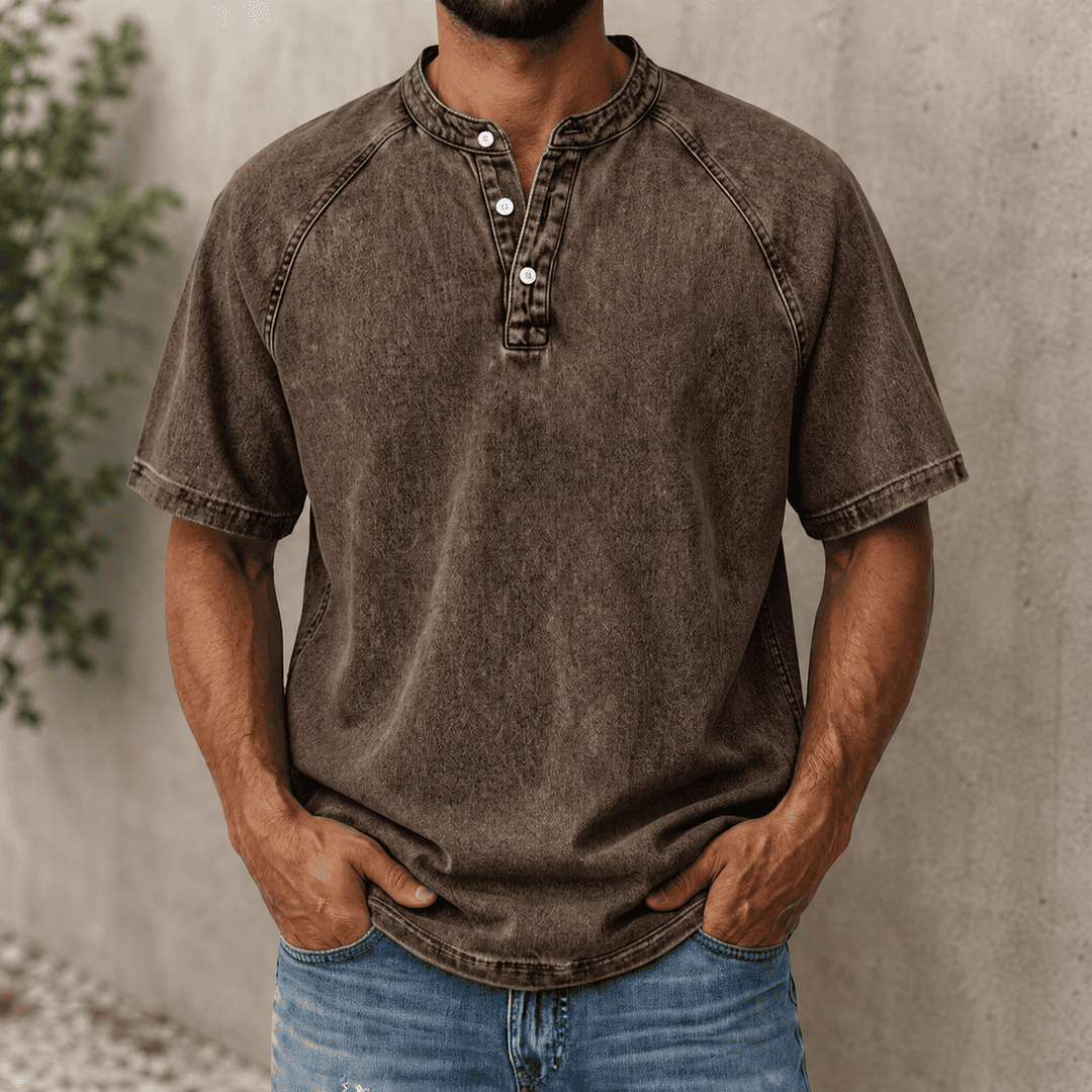 Zerric – Henley-Hemd Aus Denim mit halben Ärmeln