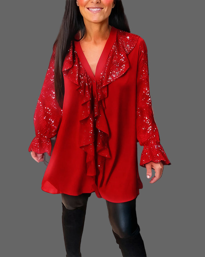 Moxie – Rüschenbluse mit V-Ausschnitt und funkelnden Pailletten