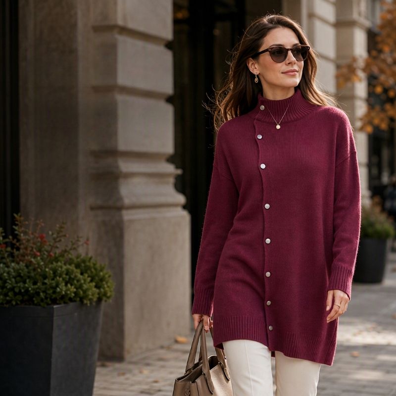 Hiroko – Langer Strickpullover mit Rollkragen Und Knöpfen