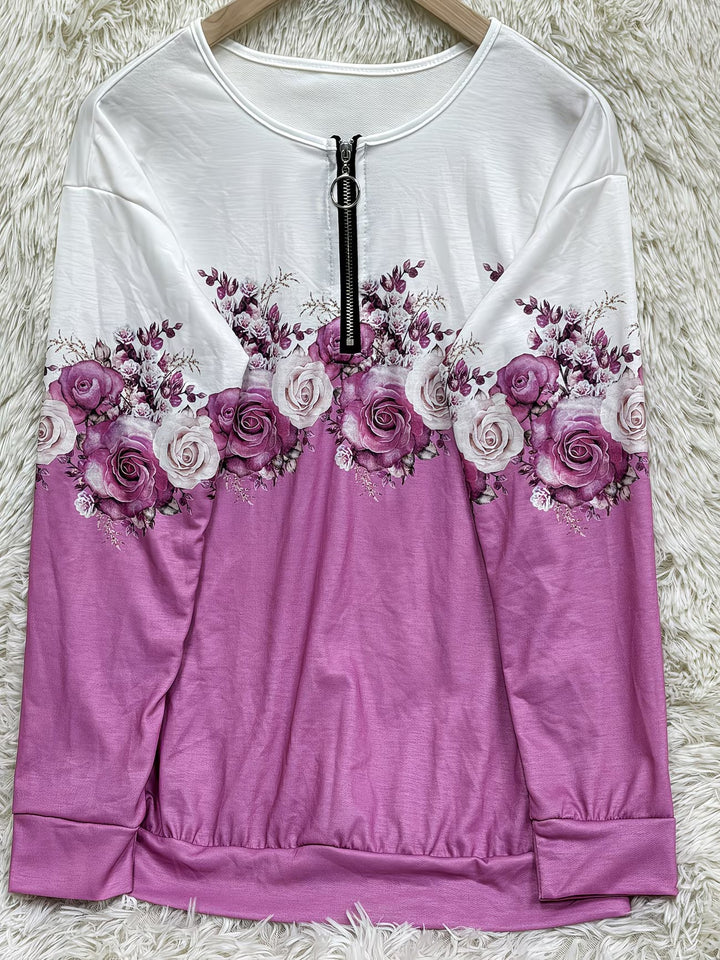 Shlomina – Sweatshirt Mit Rosenprint Und Halbem Reißverschluss