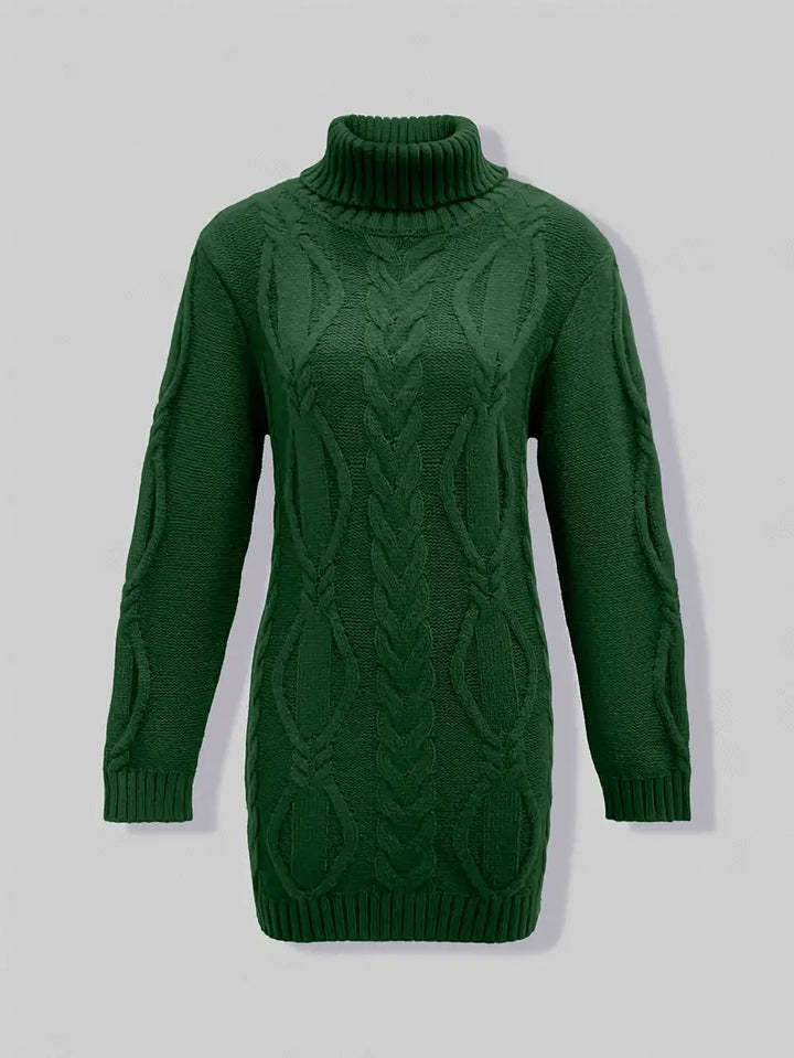 Narda - Klobig Kabel Gestrickt Rollkragen Kleid