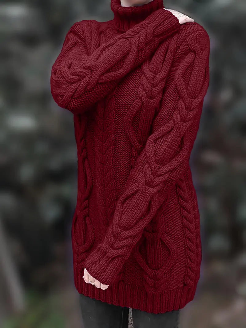 Narda - Klobig Kabel Gestrickt Rollkragen Kleid