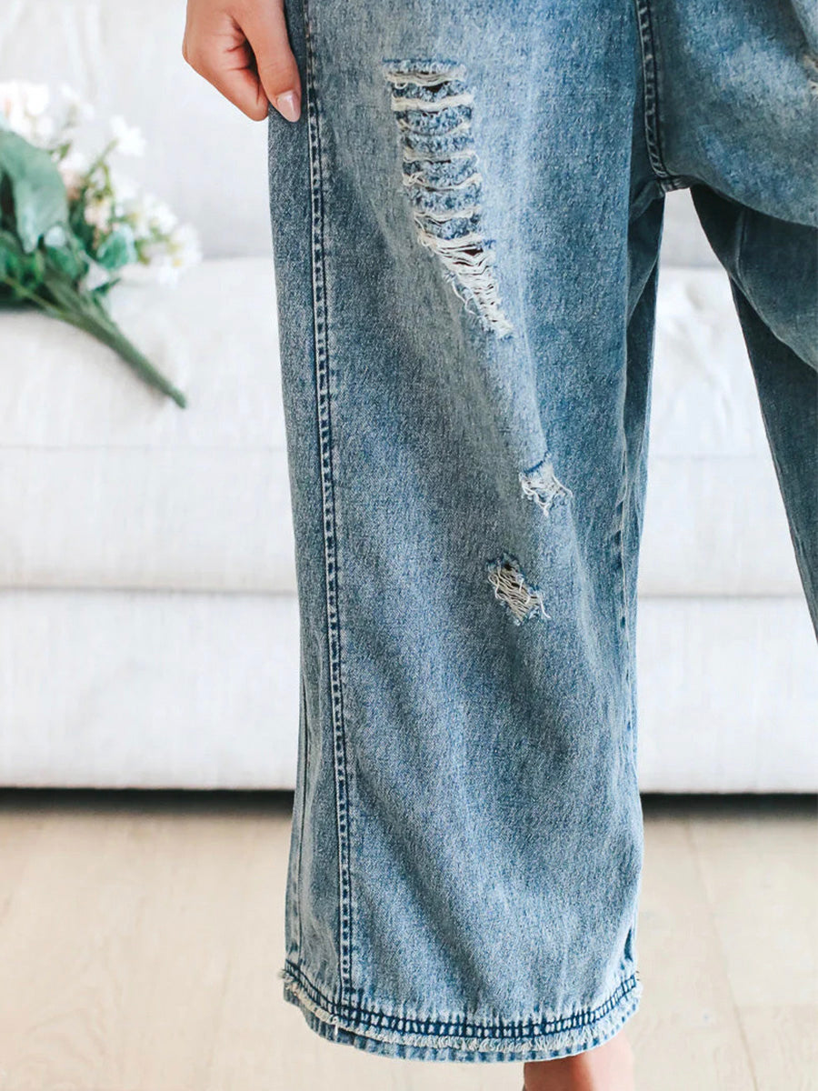 Clarice - Lose Passform Distressed Denim Latzhose