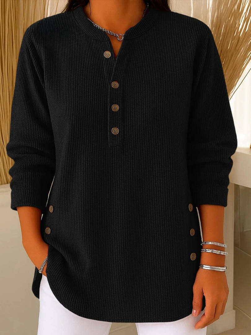 Eshani - Lässiges Geripptes Langarm Henley Oberteil Mit Knopfleiste