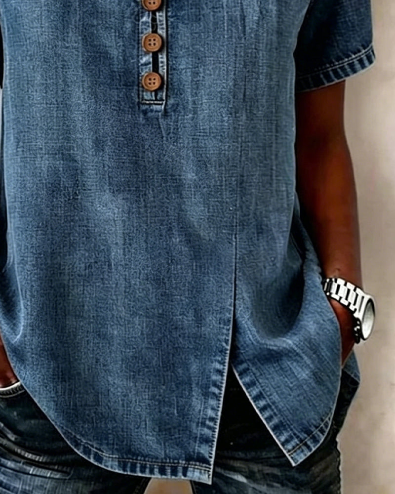 Lyjena – Jeans Bluse Mit V-Ausschnitt Und Schlitz